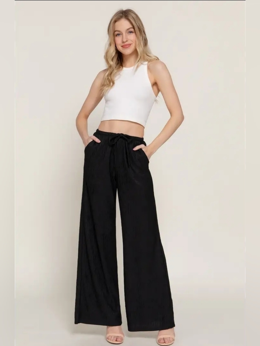 Waistband with String Crinkle Knit Long Pants